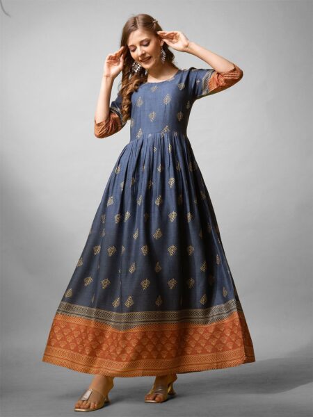 Denim Blue Fully Stitched Rayon Anarkali Gown Design No 1156