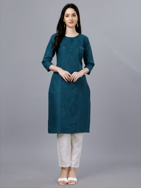 Fully Stitched Blue Casual Embroidery Kurti Design 1001