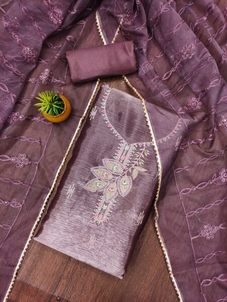 Grape Barbarik Silk With Organza Work Dupatta Dress Material