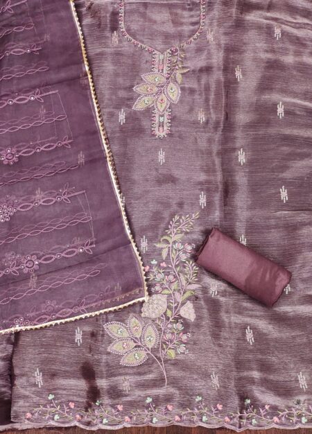 Grape Barbarik Silk With Organza Work Dupatta Dress Material - Image 2