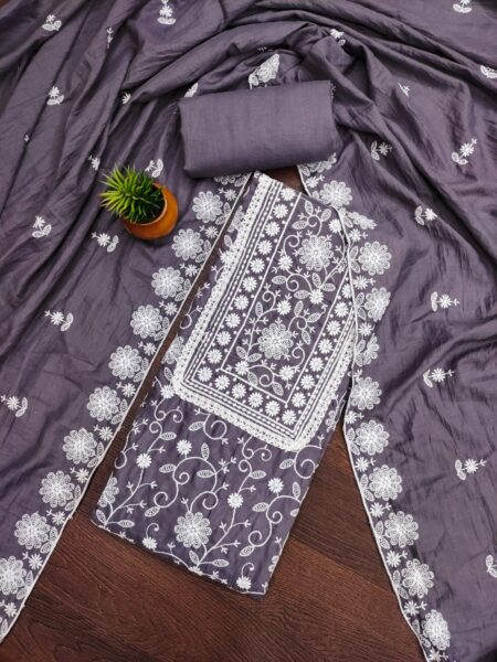 Gray Parampara Silk Lakhnavi Work With Matching Silk Dupatta Dress Material