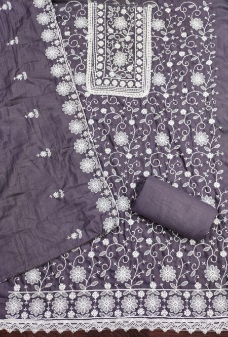 Gray Parampara Silk Lakhnavi Work With Matching Silk Dupatta Dress Material - Image 2