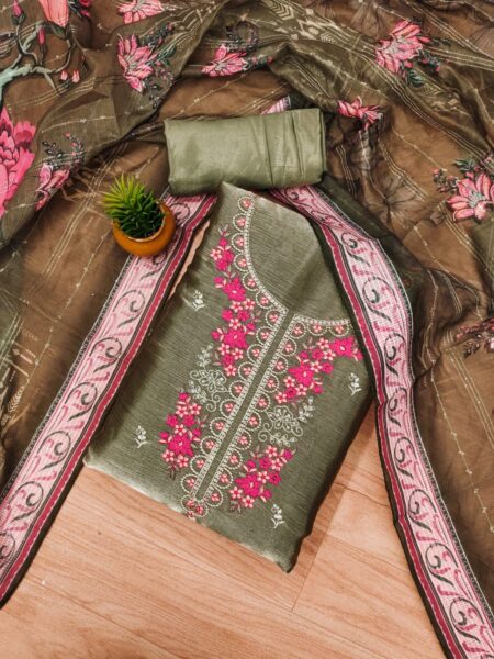 Gray Premium Barbarik With Work And Chanderi Cotton Digital Print Dupatta Dress Material