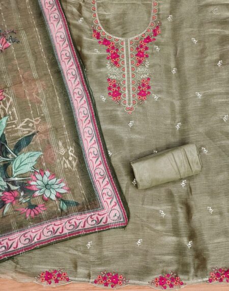 Gray Premium Barbarik With Work And Chanderi Cotton Digital Print Dupatta Dress Material - Image 2