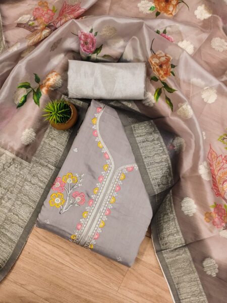 Gray Premium Roman Silk PV Chanderi With Work And Organza Jacquard Digital Print Dupatta Dress Material