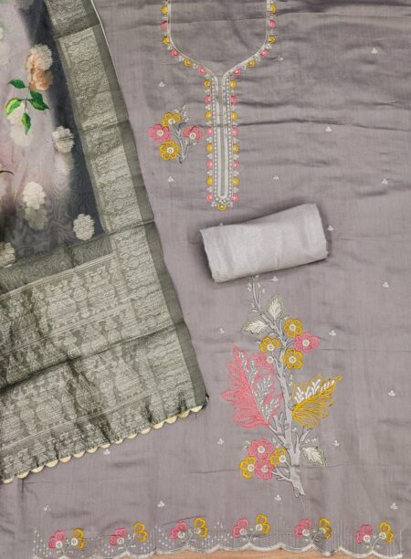 Gray Premium Roman Silk PV Chanderi With Work And Organza Jacquard Digital Print Dupatta Dress Material - Image 2