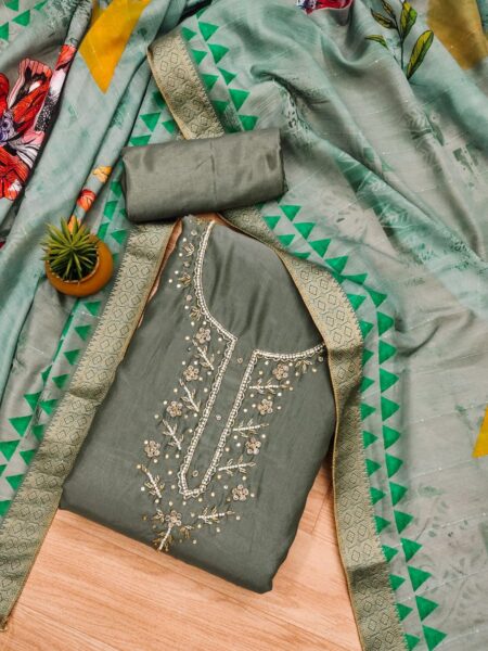 Gray Premium Simer Silk With Hand Work And Banarasi Jacquard Digital Print Dupatta Dress Material