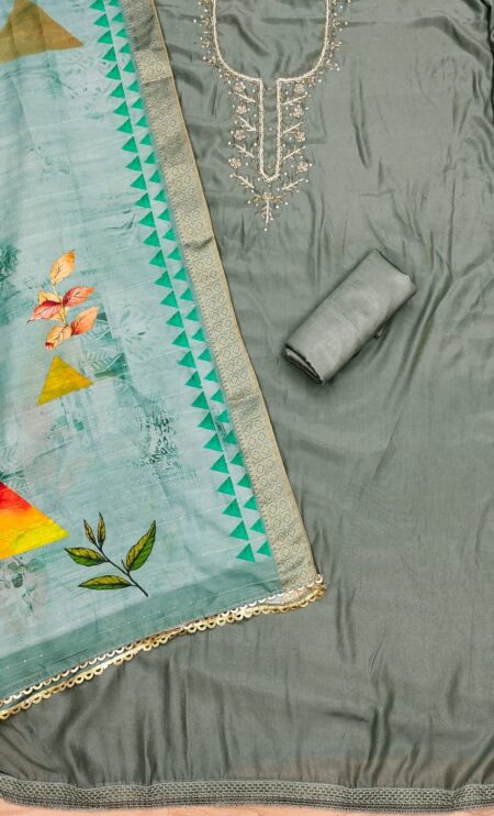 Gray Premium Simer Silk With Hand Work And Banarasi Jacquard Digital Print Dupatta Dress Material - Image 2