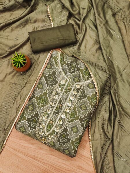 Gray Premium Tabby Organza With Handwork And Chinnon Heavy Work Dupatta Dress Material