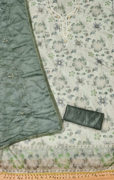 Gray Premium Tabby Organza With Handwork And Chinnon Heavy Work Dupatta Dress Material - Image 2