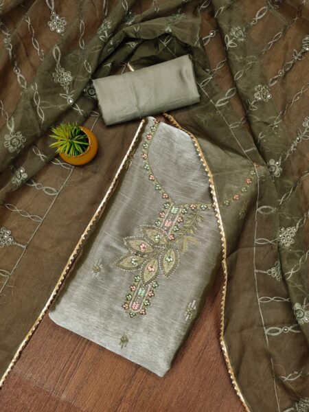 Green Barbarik Silk With Organza Work Dupatta Dress Material