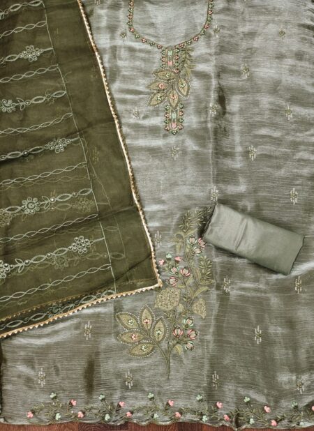 Green Barbarik Silk With Organza Work Dupatta Dress Material - Image 2