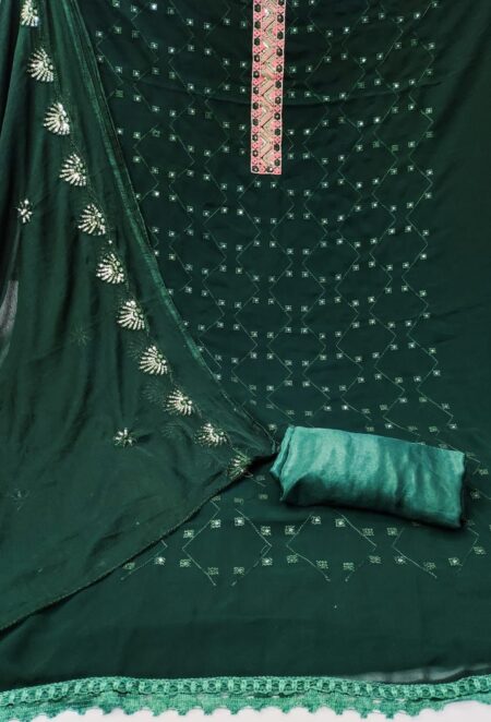 Green Fox Georgette With Embroidery Work And Najmeen Dupatta Dress Material - Image 2