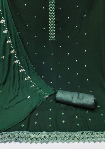 Green Fox Georgette With Embroidery Work And Najmeen Dupatta Dress Material - Image 2