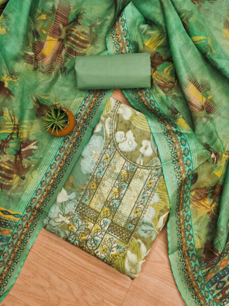 Green Modal Print Foil With Work And Jacquard Digital Print Dupatta Dress Material