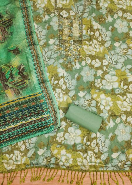 Green Modal Print Foil With Work And Jacquard Digital Print Dupatta Dress Material - Image 2