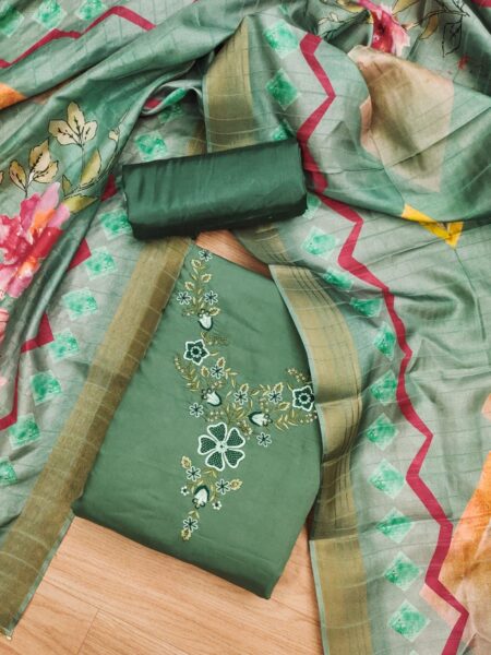 Green Premium Roman Silk With Embroidery Work And Banarasi Jacquard Digital Print Dupatta Dress Material