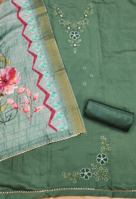 Green Premium Roman Silk With Embroidery Work And Banarasi Jacquard Digital Print Dupatta Dress Material - Image 2