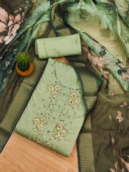 Green Premium Roman Silk With Hand Work And Fancy Jacquard Digital Print Dupatta Dress Material