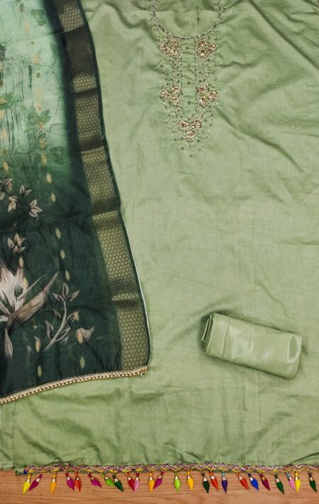 Green Premium Roman Silk With Hand Work And Fancy Jacquard Digital Print Dupatta Dress Material - Image 2