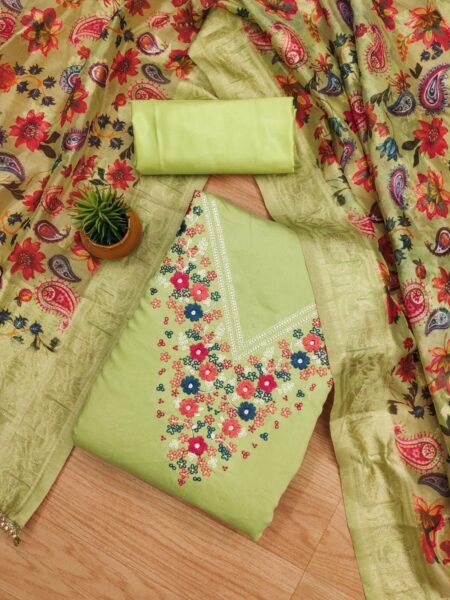 Green Premium Roman Silk With Work And Organza Banarasi Pallu Digital Print Dupatta Dress Material