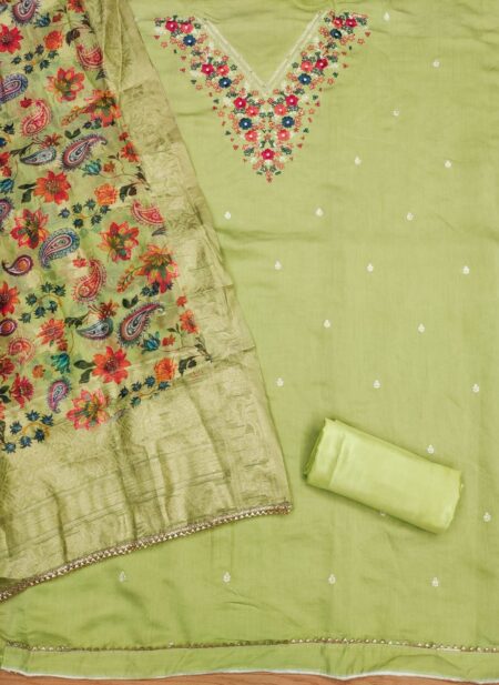 Green Premium Roman Silk With Work And Organza Banarasi Pallu Digital Print Dupatta Dress Material - Image 2