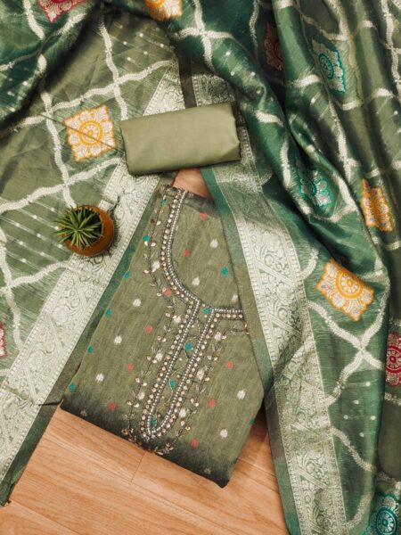 Green Premium Simmar Jacquard With Handwork And Matching Dupatta Dress Material