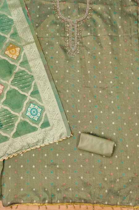 Green Premium Simmar Jacquard With Handwork And Matching Dupatta Dress Material - Image 2