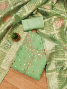 Green Premium Simmar Jacquard With Handwork Dress Material