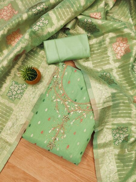 Green Premium Simmar Jacquard With Handwork Dress Material