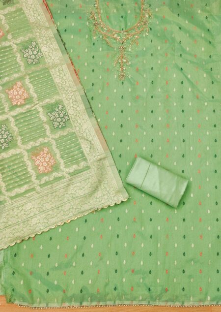 Green Premium Simmar Jacquard With Handwork Dress Material - Image 2