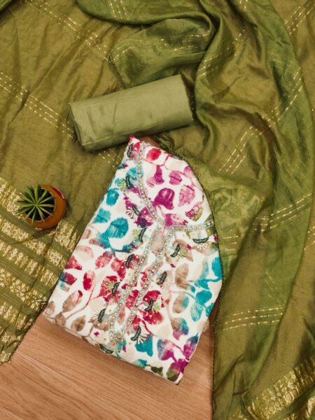 Green Pure Cotton With Hand Work And Banarasi Jacquard Dupatta Dress Material