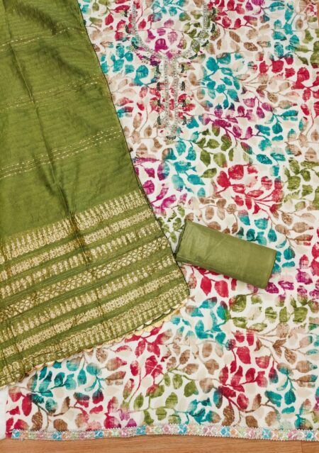 Green Pure Cotton With Hand Work And Banarasi Jacquard Dupatta Dress Material - Image 2