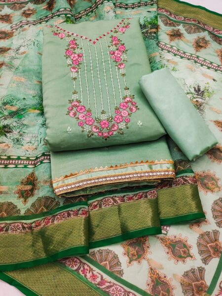 Green Roman Silk PV Chanderi With Organza Jacquard Print Dupatta Dress Material