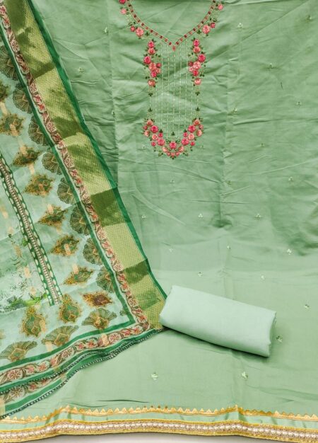 Green Roman Silk PV Chanderi With Organza Jacquard Print Dupatta Dress Material - Image 2