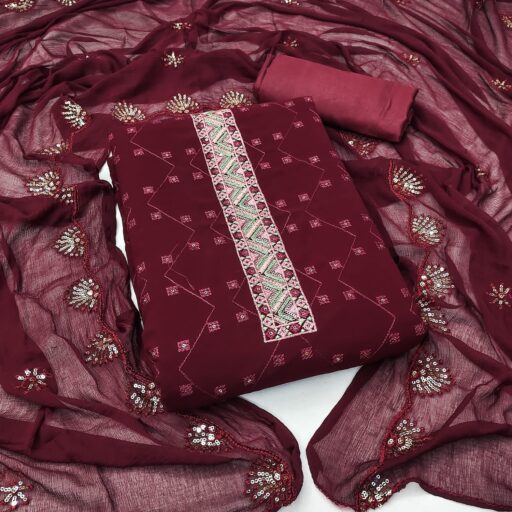 Maroon Fox Georgette With Embroidery Work And Najmeen Dupatta Dress Material