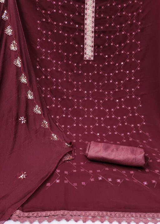 Maroon Fox Georgette With Embroidery Work And Najmeen Dupatta Dress Material - Image 2