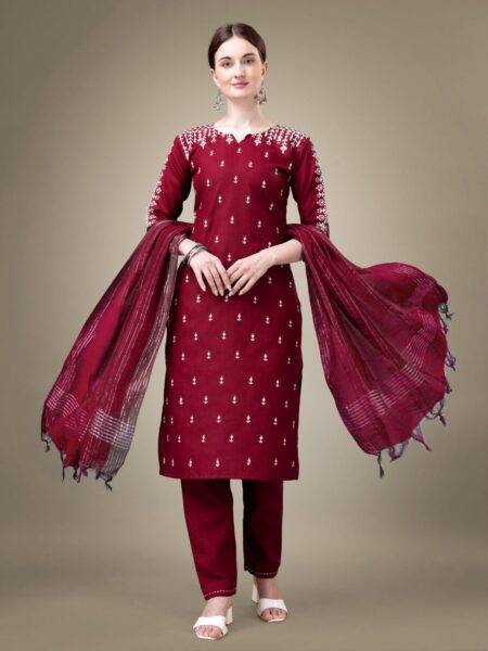 Maroon Fully Stitched Cotton Blend Kurti Pant Dupatta Design No 1113