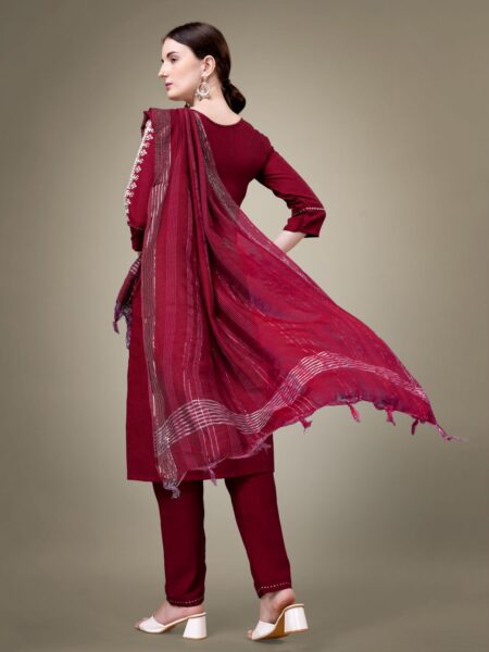 Maroon Fully Stitched Cotton Blend Kurti Pant Dupatta Design No 1113 - Image 2