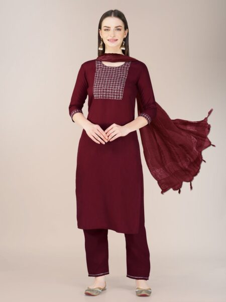 Maroon Fully Stitched Cotton Blend Kurti Pant Dupatta Design No 1120