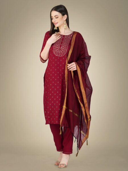 Maroon Fully Stitched Cotton Magic Slub Kurti Pant Dupatta Design No 1117