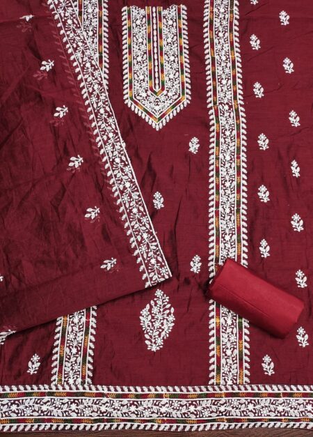 Maroon Modal With Lakhnavi Work Dress Material - Image 2