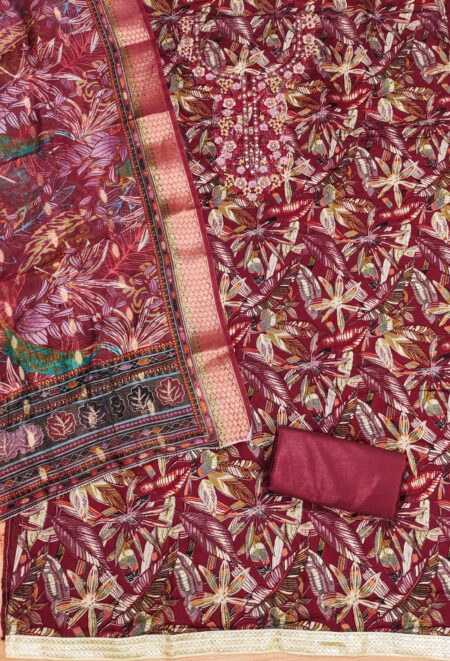 Maroon Premium Cotton Foil Print With Embroidered Work And Chinnon Dupatta Dress Material - Image 2