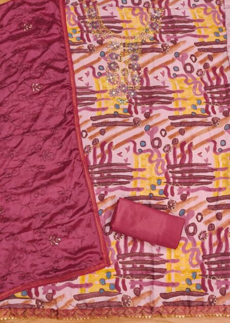 Maroon Premium Cotton Foil Print With Embroidered Work Dress Material - Image 2