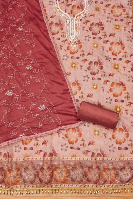 Maroon Premium Tabby Organza With Handwork And Chinnon Heavy Work Dupatta Dress Material - Image 2