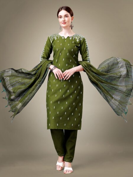 Mehendi Fully Stitched Cotton Blend Kurti Pant Dupatta Design No 1113