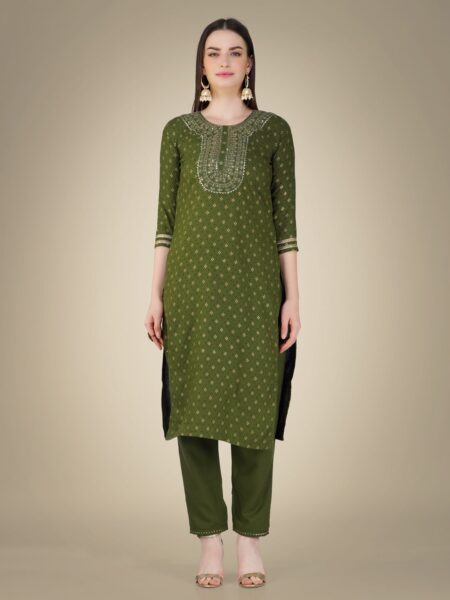 Mehendi Fully Stitched Cotton Magic Slub Kurti Pant Dupatta Design No 1117