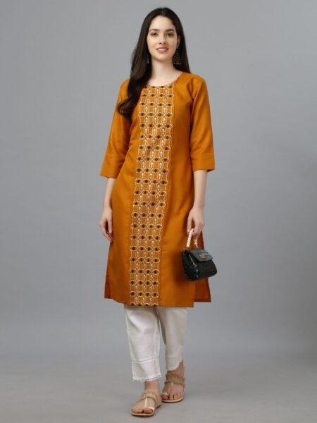 Mustard Fully Stitched Casual Embroidery Kurti Design No 1007