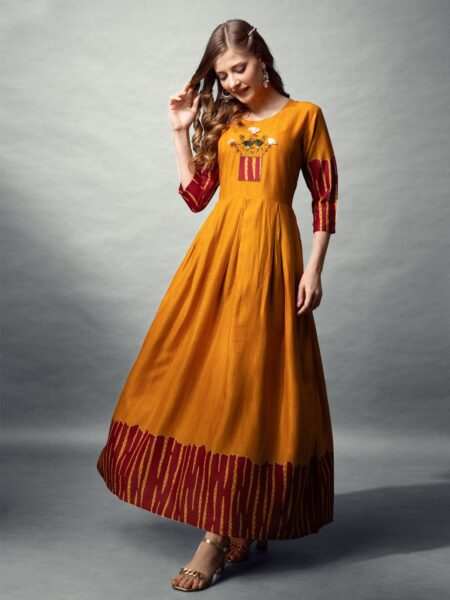 Mustard Fully Stitched Rayon Anarkali Gown Design No 1158