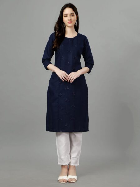 Navy Blue Fully Stitched Casual Embroidery Kurti Design No 1002